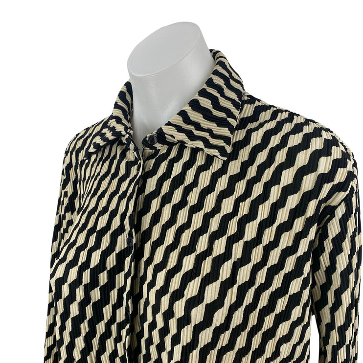 H&M Black Beige Zig Zag Stripe Plisse Long Sleeve Button Down Shirt Top Size M
