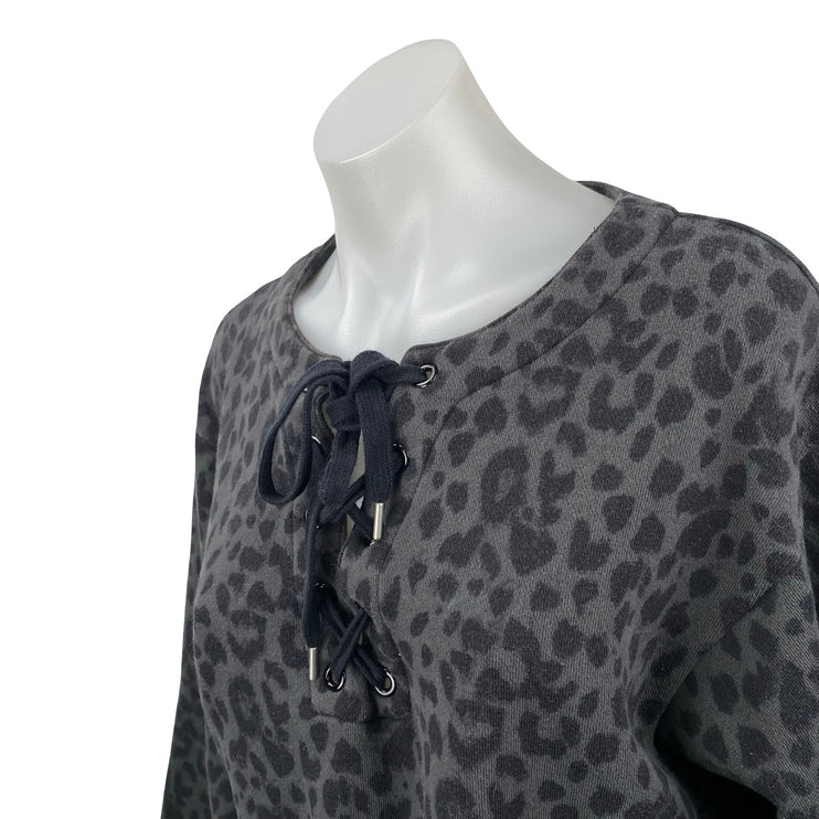 Victoria's Secret Black Leopard Animal Print Lace Up Cropped Sweatshirt Top Sz S