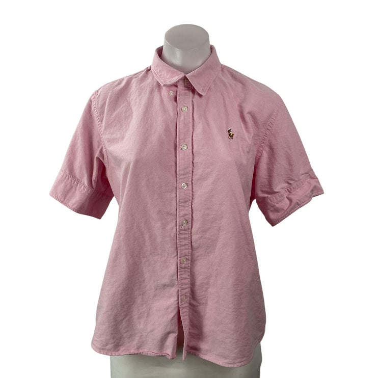 Ralph Lauren Women's Pink Cotton Short Sleeve Button Down Shirt Top Size 14
