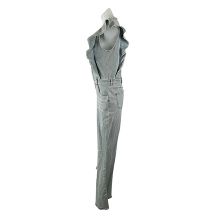 NEW Blue B Retro Ruffle Sleeve Bell Bottom Button Up Denim Jumpsuit Romper Sz L