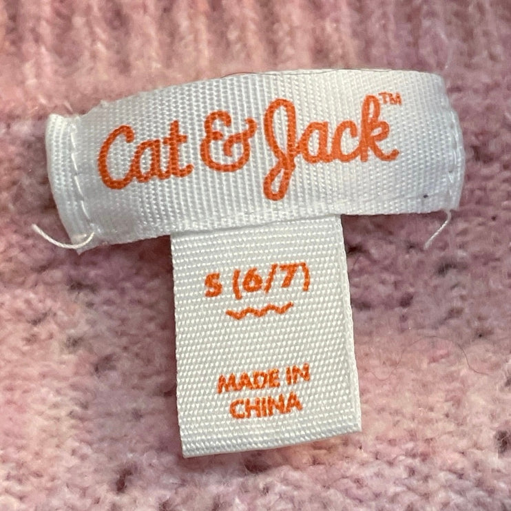 Cat & Jack Kids Girl Pink Striped Knitted Long Sleeve Crew Neck Sweater Top 6-7