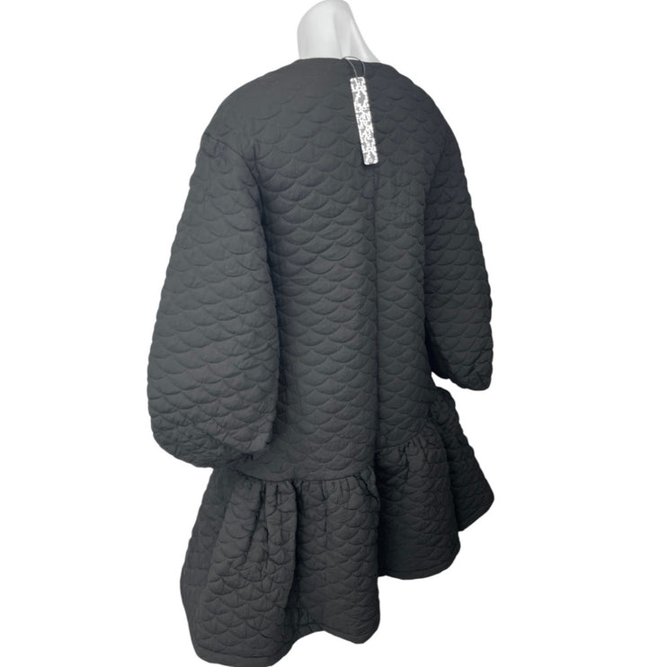 NEW ASOS Black Quilted Plunge Neck Balloon Sleeve Tiered Ruffle Hem Dress Size 2