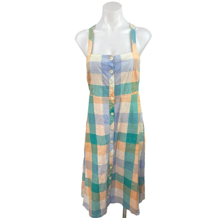 Madewell Rainbow Check Plaid Linen Button Cross Back Midi A-Line Tank Dress Sz 0