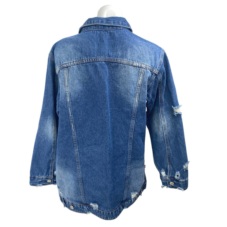 The Iconic Women's Blue Long Sleeve Button Down Distressed Denim Jeans Jacket M