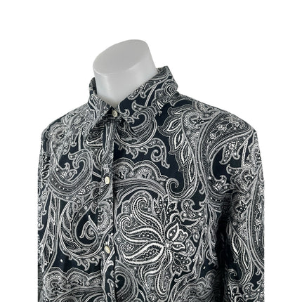 Lauren Ralph Womens Black Paisley Floral Long Sleeve Button Down Up Shirt Top L