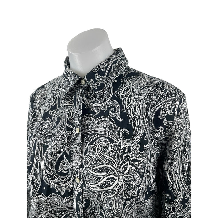 Lauren Ralph Womens Black Paisley Floral Long Sleeve Button Down Up Shirt Top L