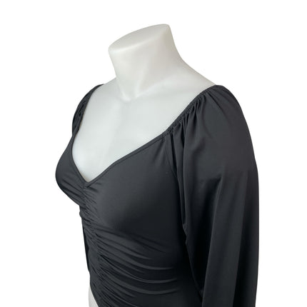Lulus Women's Black Ruched Sweetheart Neck Long Puff Sleeve Bodysuit Top Size XL