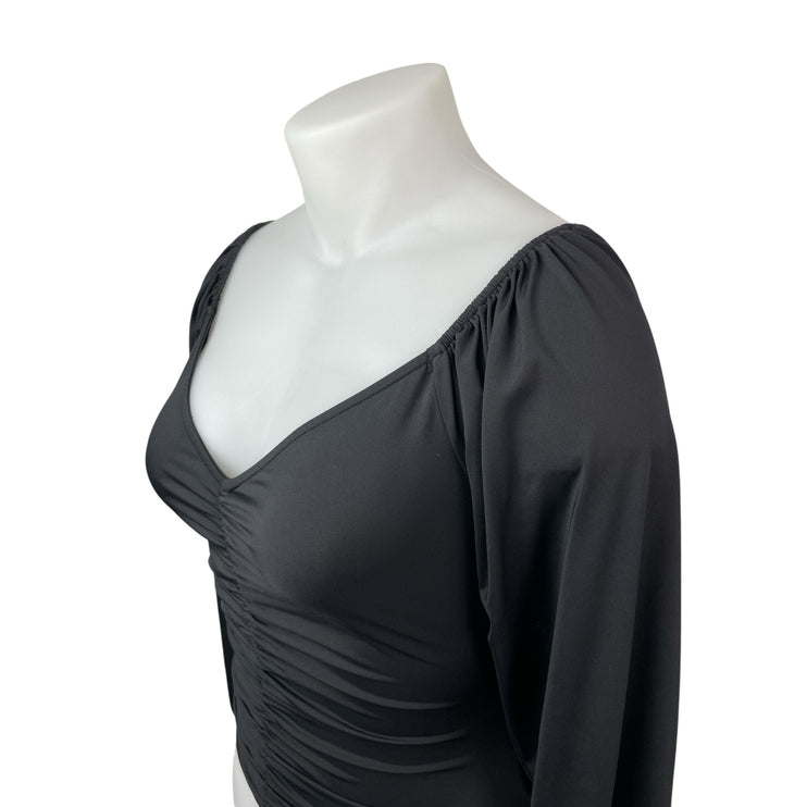 Lulus Women's Black Ruched Sweetheart Neck Long Puff Sleeve Bodysuit Top Size XL