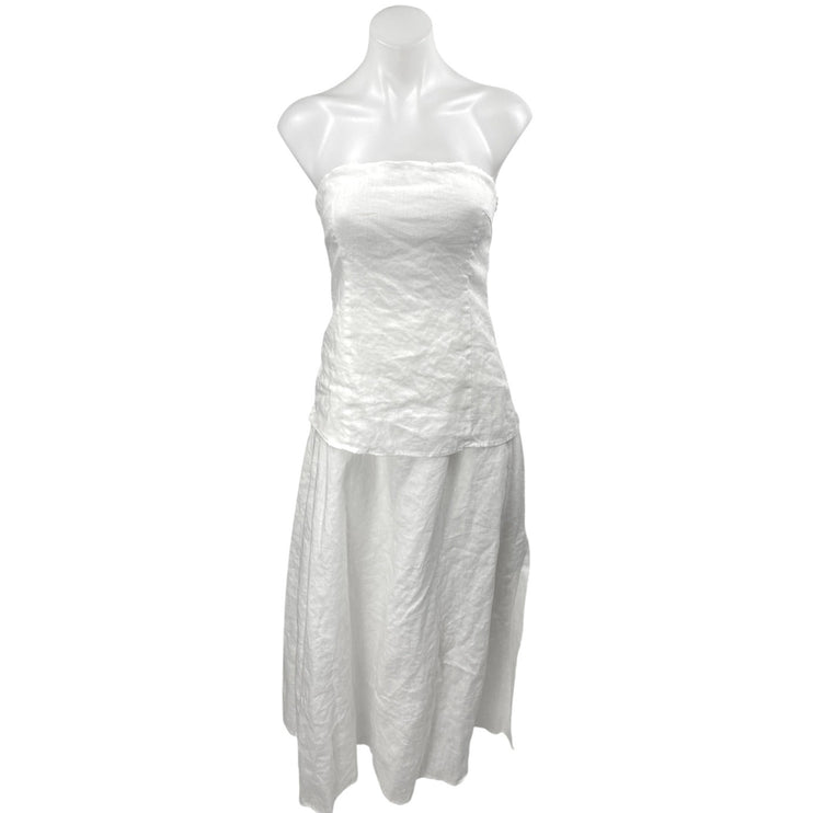 DISSH White 100% Linen Strapless Sleeveless Cutout Tube Midi Fit & Flare Dress 4