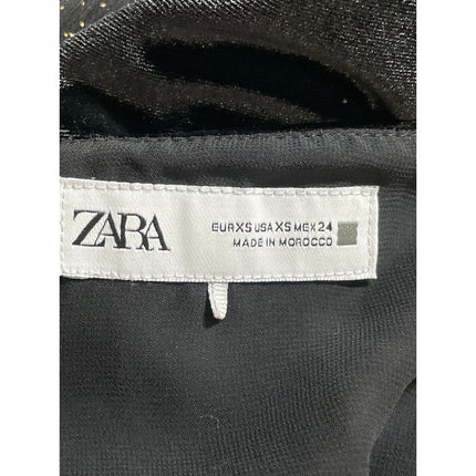 Zara Black Velvet Velour Mesh Sheer Glitter Long Sleeve A Line Mini Dress Sz XS