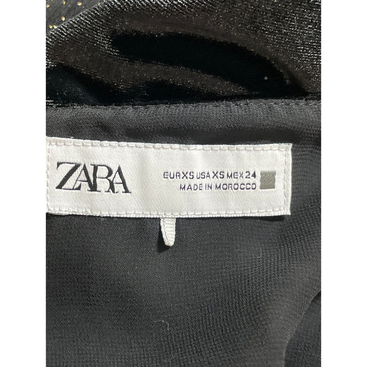 Zara Black Velvet Velour Mesh Sheer Glitter Long Sleeve A Line Mini Dress Sz XS