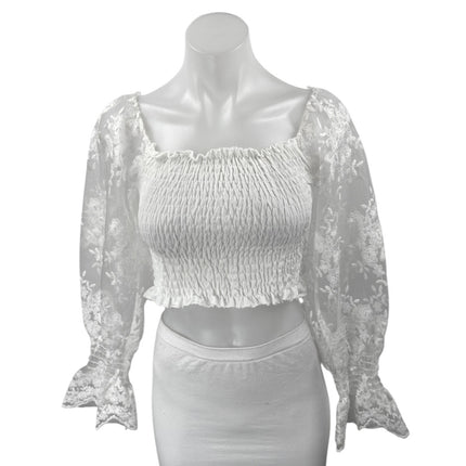 NEW Bellavie Women's White Floral Balloon Long Sleeve Smocked Crop Blouse Top S