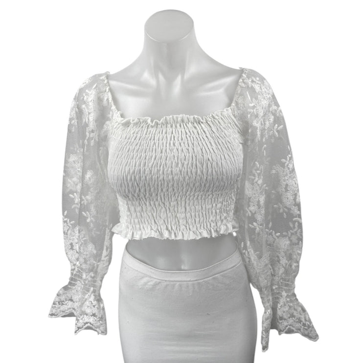 NEW Bellavie Women's White Floral Balloon Long Sleeve Smocked Crop Blouse Top S