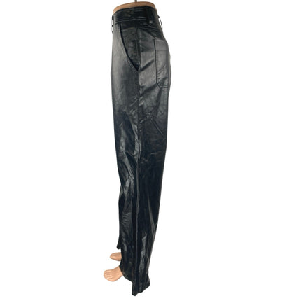 En Saison Women's Black Faux Vegan Leather High Waist Wide Leg Trousers Pants L
