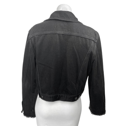 Frame Women's Black Frayed Long Sleeve Button Down Cropped Denim Jacket Size XS