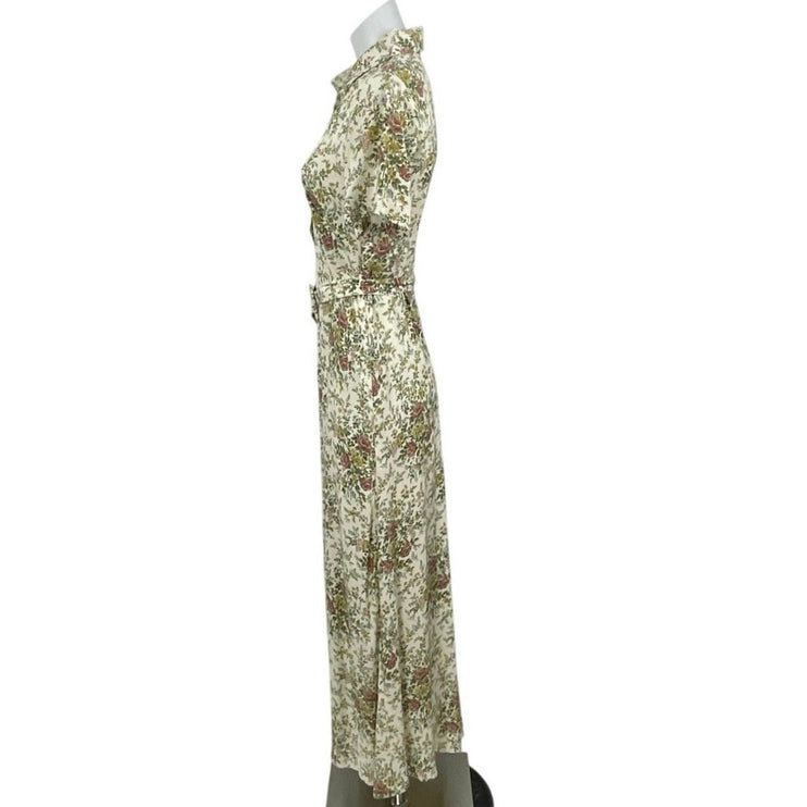 Zara Beige Floral Short Sleeve Belted Collared Shirt A Line Maxi Dress Size S