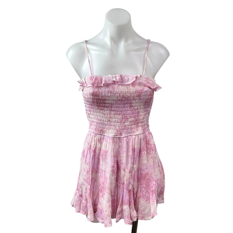 ROWA Pink Floral Ruffle Smocked Sleeveless Pleated Cami Romper Shorts Size S