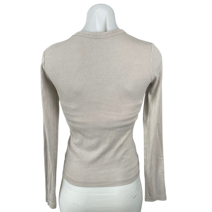 Zara Women's Beige Ribbed Knit Crew Neck Long Sleeve T Shirt Tee Top Size S