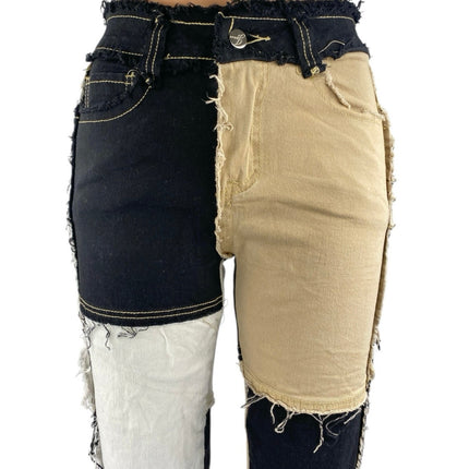 Womens Black Beige Colorblock Patchwork Frayed High Rise Straight Denim Jeans XS