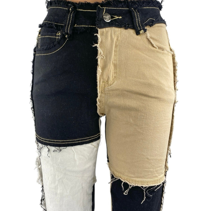 Womens Black Beige Colorblock Patchwork Frayed High Rise Straight Denim Jeans XS