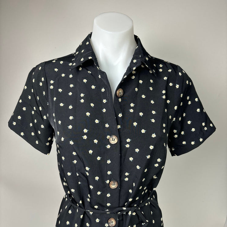 Nordstrom BP Black Daisy Floral Print Collar Button Down Shirt Dress Size XXS