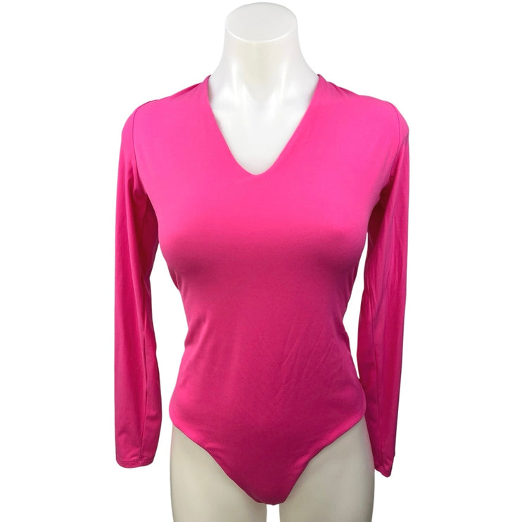 Pumiey Pink V-neck Long Sleeve Stretch Slim Bodysuit Thong T Shirt Top Size L