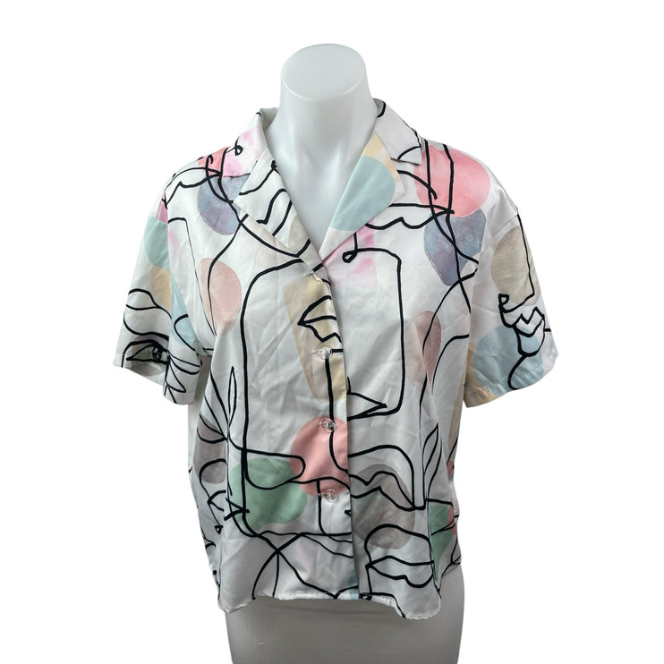 Womens Multicolor Abstract Print Collared Short Sleeve Button Down Shirt Top S/M