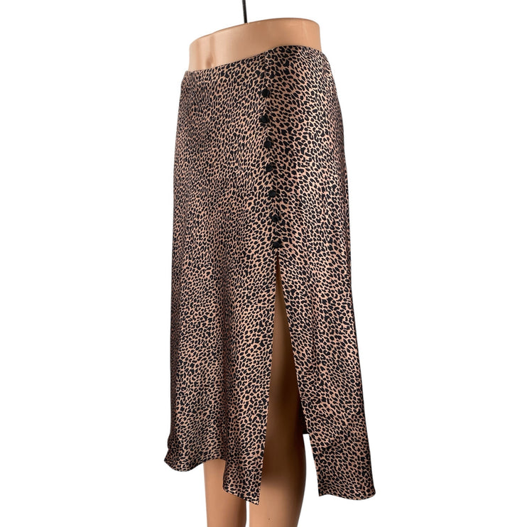 Victoria's Secret Beige Cheetah Silk Satin Side Button Midi A-Line Slip Skirt S