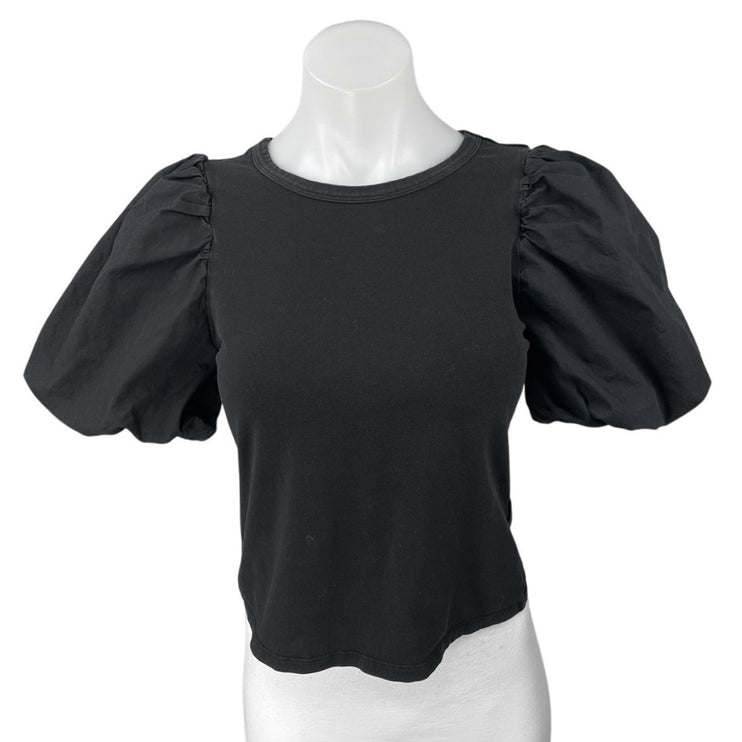 H&M Women's Black Short Balloon Puff Sleeve Crew Neck Pullover Blouse Top Size S