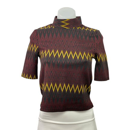 Zara Women's Multicolor Half Sleeve Zig Zag Chevron Mock Neck Blouse Top Size S