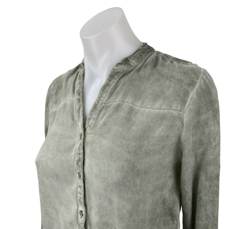 ONLY Women's Green Washed Long Sleeve V Neck Button Down Blouse Shirt Top Size 4
