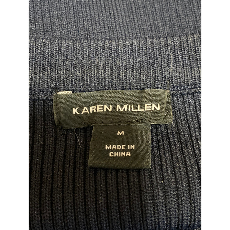 Karen Millen Navy Blue Ribbed Crew Neck Half Sleeve Belted Mini A-Line Dress M