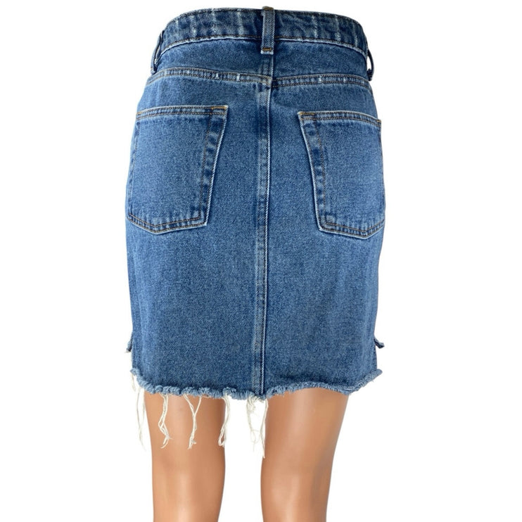 H&M Women's Blue High Waist Frayed Raw Hem Mini Denim Jeans Pencil Skirt Size 4