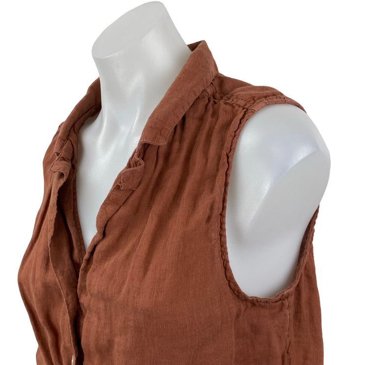 Rachel Zoe Brown 100% Linen Sleeveless V Neck Button Down Crop Shirt Top Size M