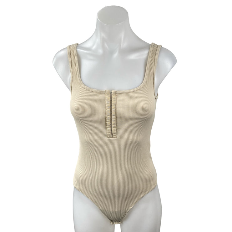 NEW Abercrombie & Fitch Cream Sleeveless Zip Knit Thong Tank Bodysuit Top Size S
