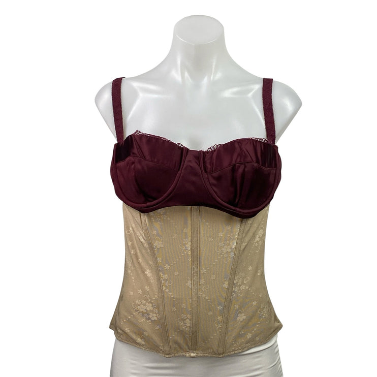 Mistress Rocks Red Beige Colorblock Underwire Floral Bustier Corset Top Size L
