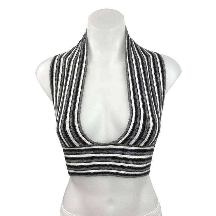 Cider NWT Black Striped Halter Deep V-neck Open Tie Back Stretch Knit Crop Top S