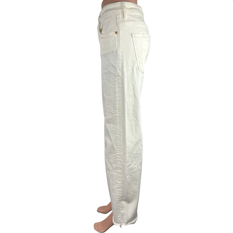 Zara White Straight Wide Leg High Rise Crop Stretch Raw Hem Denim Jeans Pants 6