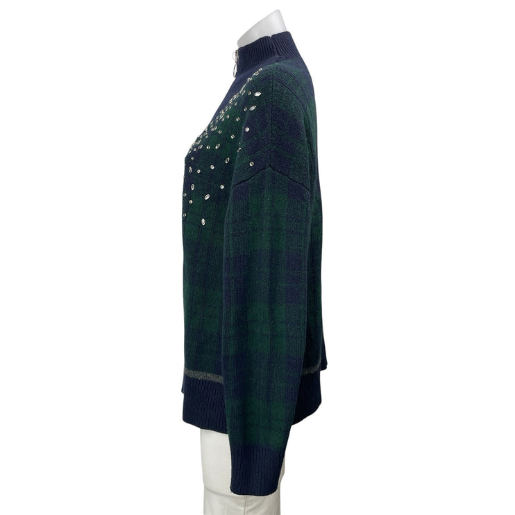 Sandro Paris Patience Green Blue Crystal Embellish Half Zip Check Sweater Top M