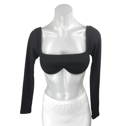 Princess Polly Black Long Sleeve Ribbed Knit Underwire Bandeau Crop Top Size 2