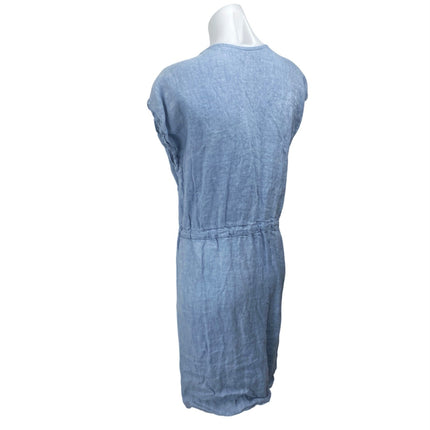 Elsa Esturgie Blue 100% Linen Short Sleeve Tie Waist Blouson Mini Shirt Dress 6