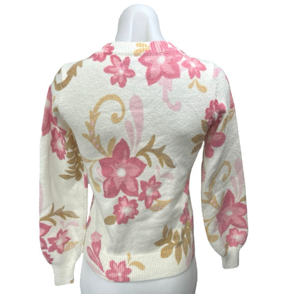 Ann Taylor LOFT Women's White Floral Crew Neck Pullover Sweater Top Size XXS