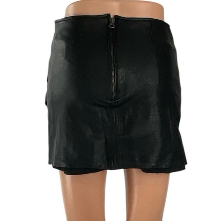 Museum Black 100% Leather High Waisted Ruched Fitted Pencil Mini Skirt Size M