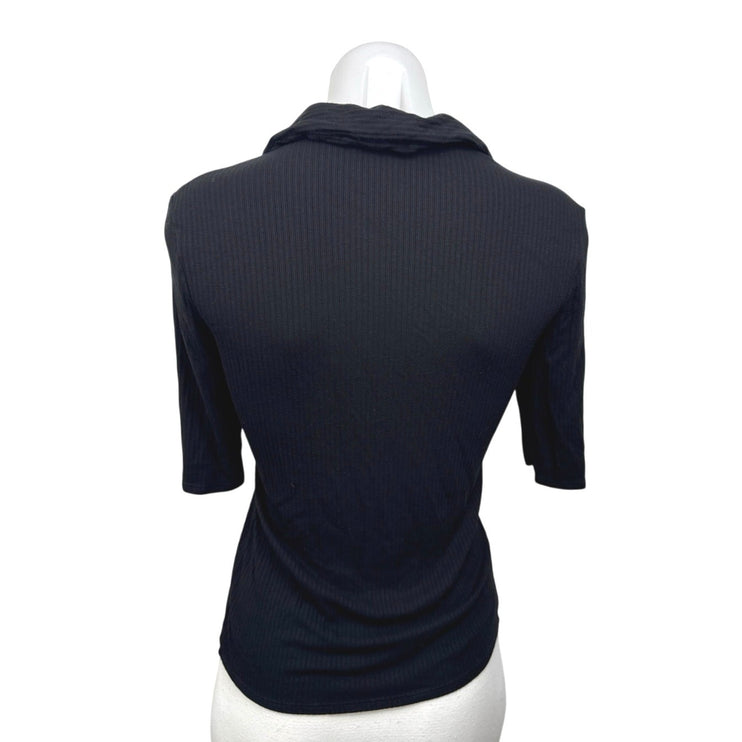 MNG Mango Women's Black Rib Knit Collared Button Half Sleeve Polo Sweater Top S