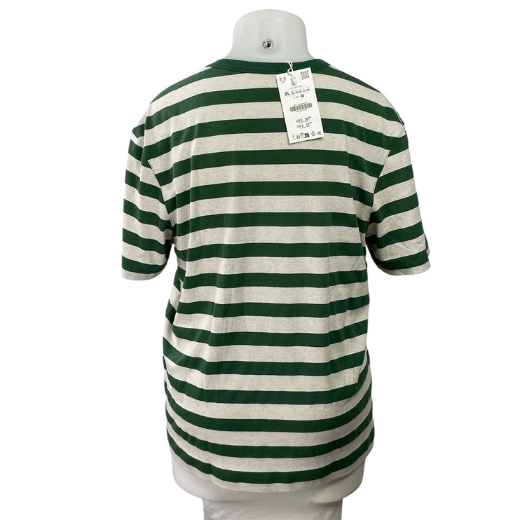 NEW Zara Womens Green White Striped Crewneck Short Sleeve Tee T-shirt Top Sz XL