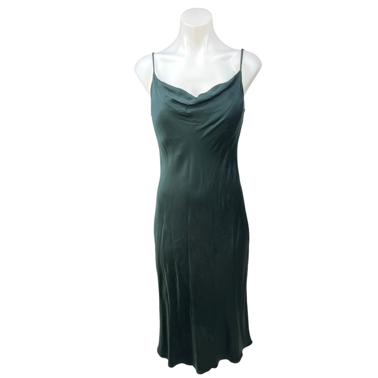 Zara Green Silk Satin Cowl Neck Spaghetti Cami Camisole Midi Tank Slip Dress S