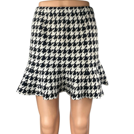 Shein Black White Houndstooth Ruffle Knit Pull On Mini A-Line Pencil Skirt Sz L