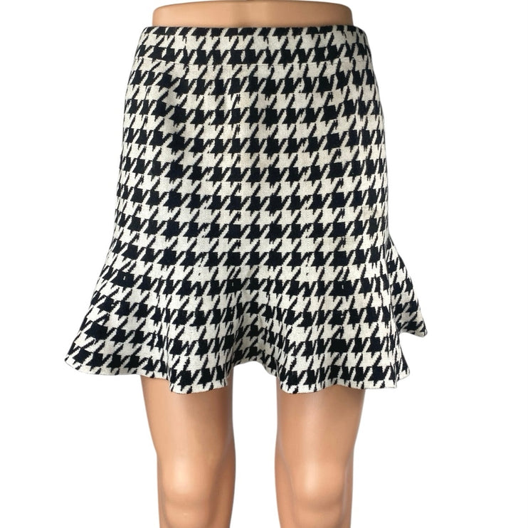 Shein Black White Houndstooth Ruffle Knit Pull On Mini A-Line Pencil Skirt Sz L