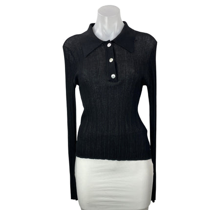 French Connection Women's Black Ribbed Knit Long Sleeve Henley Blouse Top Size L