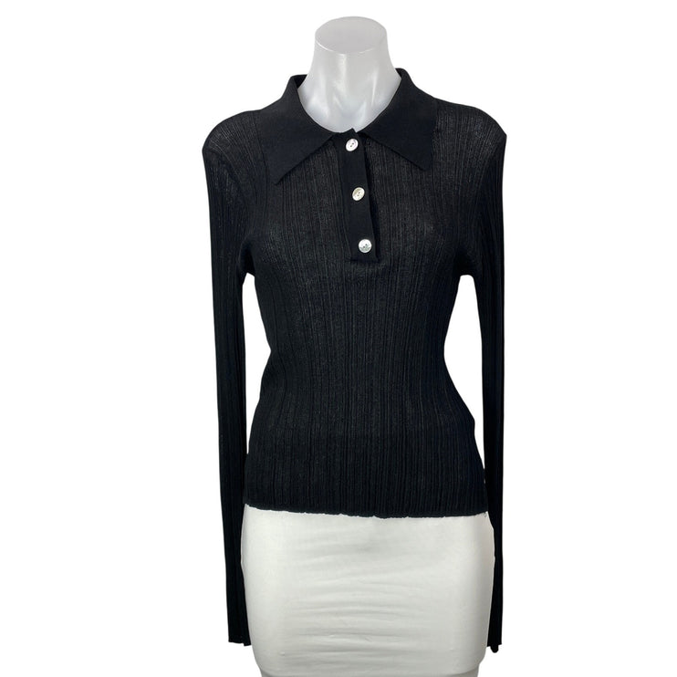 French Connection Women's Black Ribbed Knit Long Sleeve Henley Blouse Top Size L